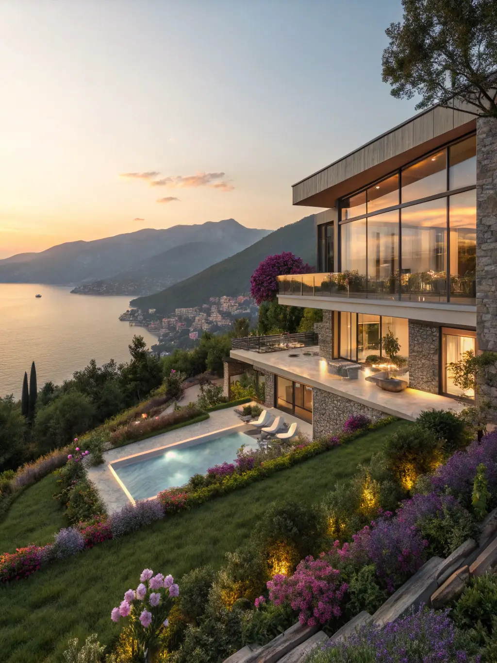 A modern, luxurious villa overlooking the bay of Porto Montenegro, featuring expansive windows, a private pool, and meticulously landscaped gardens.