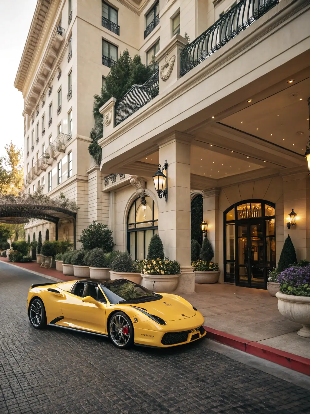 A high-end luxury car parked in front of a five-star hotel in Porto Montenegro, with a chauffeur standing by, representing premium concierge services.