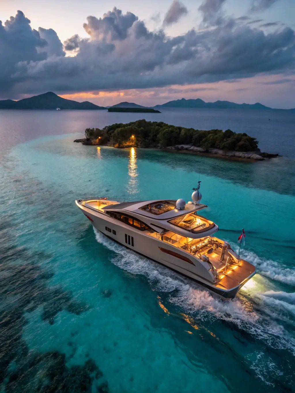 A high-angle shot of a luxurious yacht sailing on the crystal-clear waters of the Adriatic Sea near Porto Montenegro, showcasing its sleek design and opulent features.