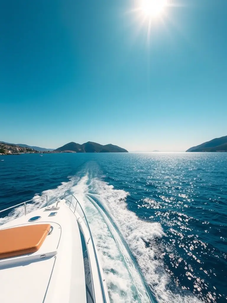 A high-angle shot of a luxury yacht sailing on the Adriatic Sea near Porto Montenegro, with clear blue skies and the Montenegrin coastline in the background, symbolizing tailored travel planning.