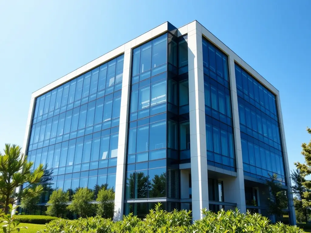A photograph of a modern office building in Montenegro, representing business and economic opportunities, with a focus on growth and investment.