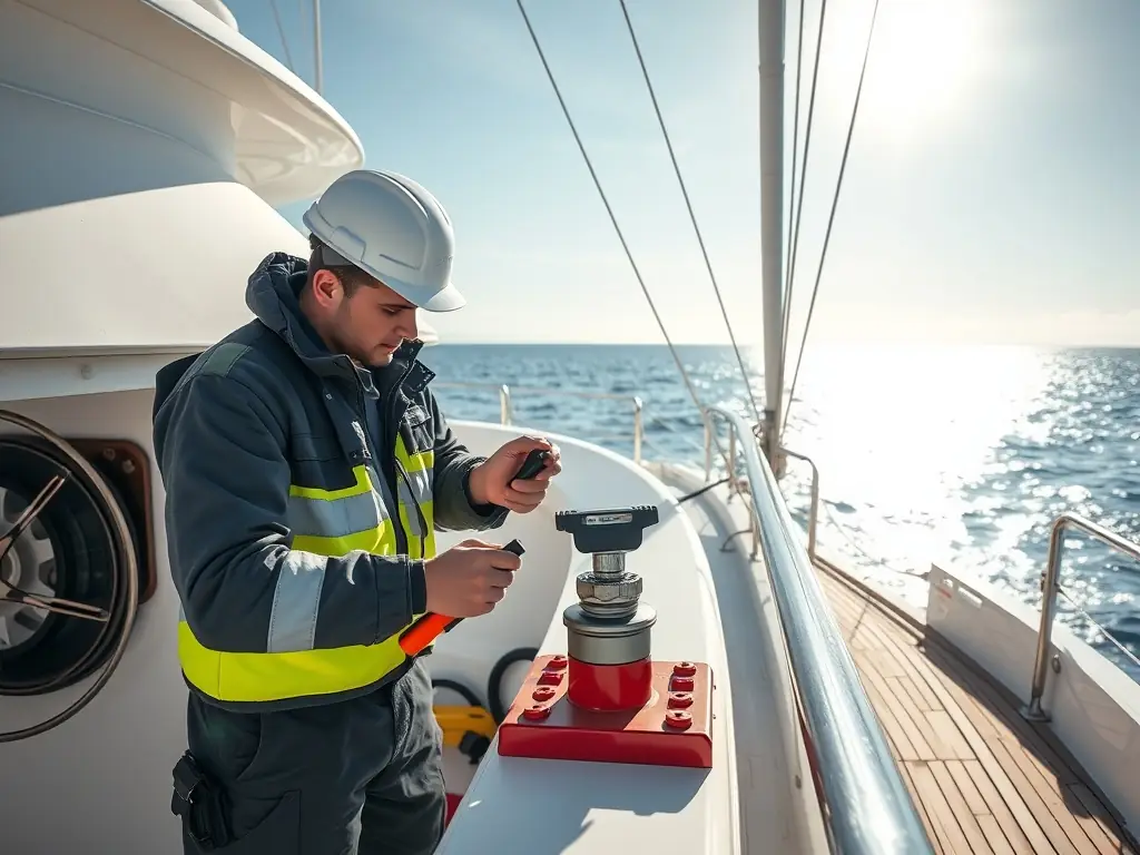 A detailed shot of yacht maintenance being performed by skilled technicians, showcasing the meticulous care and attention to detail involved in off-season yacht support.