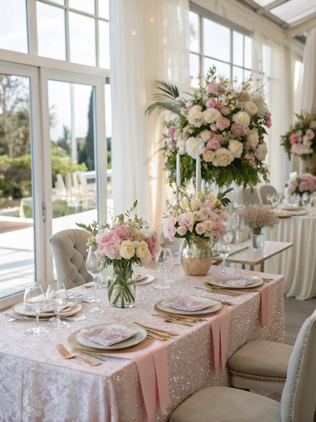A beautifully decorated venue in a luxury hotel in Montenegro, set up for a private event, with elegant floral arrangements and ambient lighting, representing event planning.