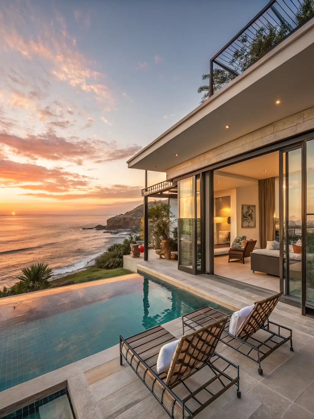 A modern villa with an infinity pool overlooking the Adriatic Sea in Porto Montenegro, showcasing Bogdanovic Prive's luxury property buying services.
