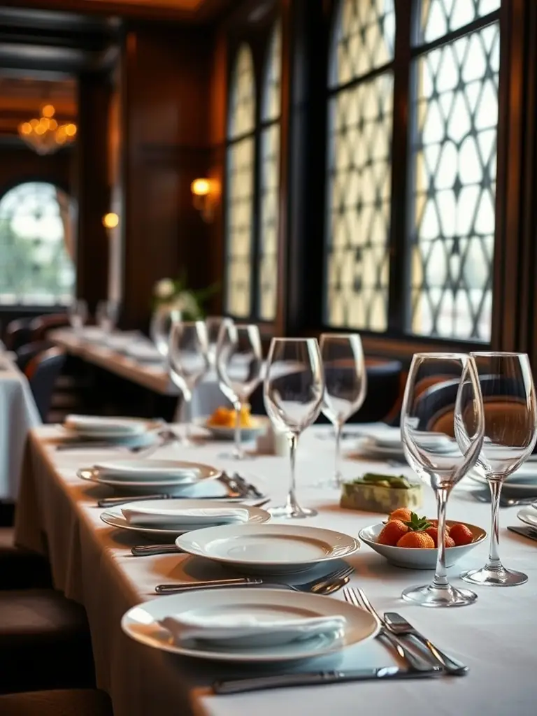 An elegant table setting at a high-end restaurant in Porto Montenegro, showcasing fine dining with crystal glasses, gourmet dishes, and impeccable service, representing VIP reservations.