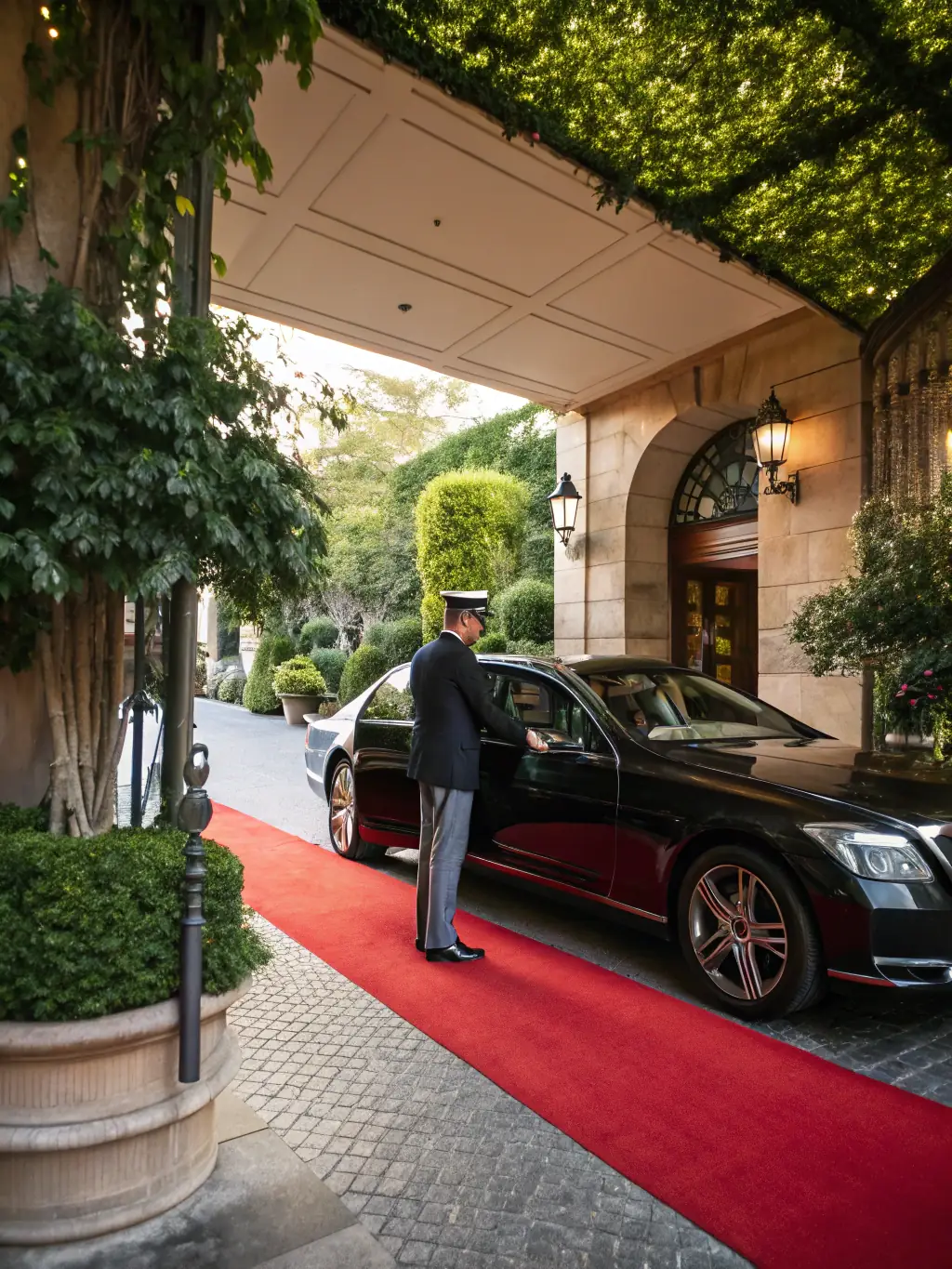 A sleek, black chauffeured car parked in front of a luxury villa in Montenegro, with a professional driver opening the door, symbolizing luxury transport.