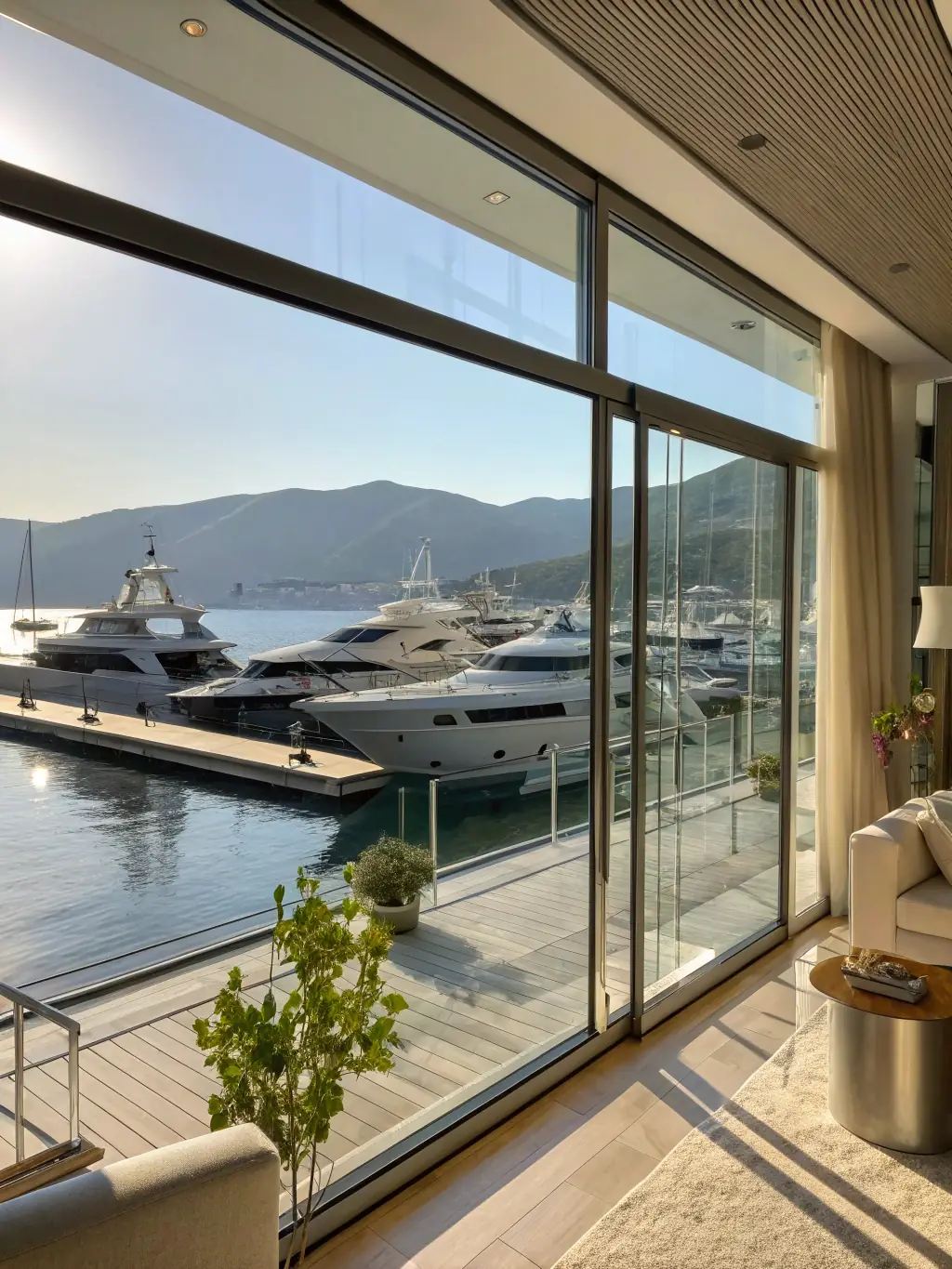 An elegant apartment interior with high-end furnishings and a view of a marina, representing Bogdanovic Prive's property rental services.